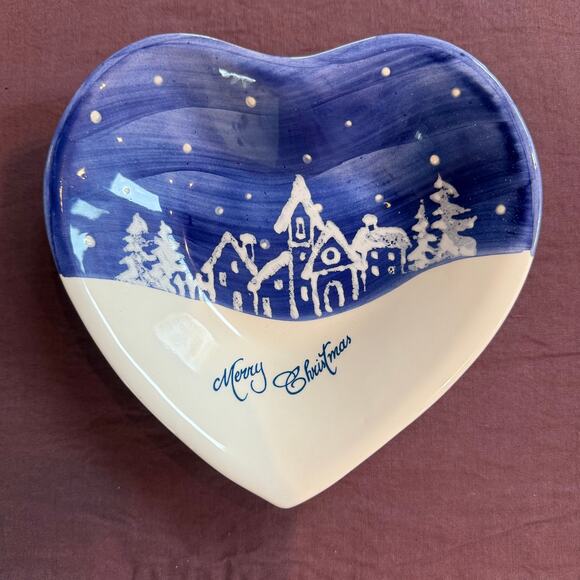 Ceramiche Fabbro Blue/White Snowy Heart Shaped Candy Dish Made in Italy - Picture 1 of 5